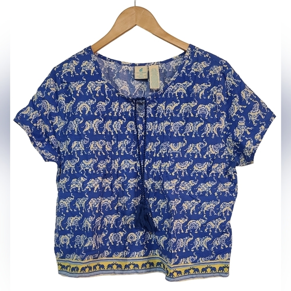 Caribbean Joe Tropical Bliss/Elephant Pattern Short Sleeve Top Sz Petite XLarge